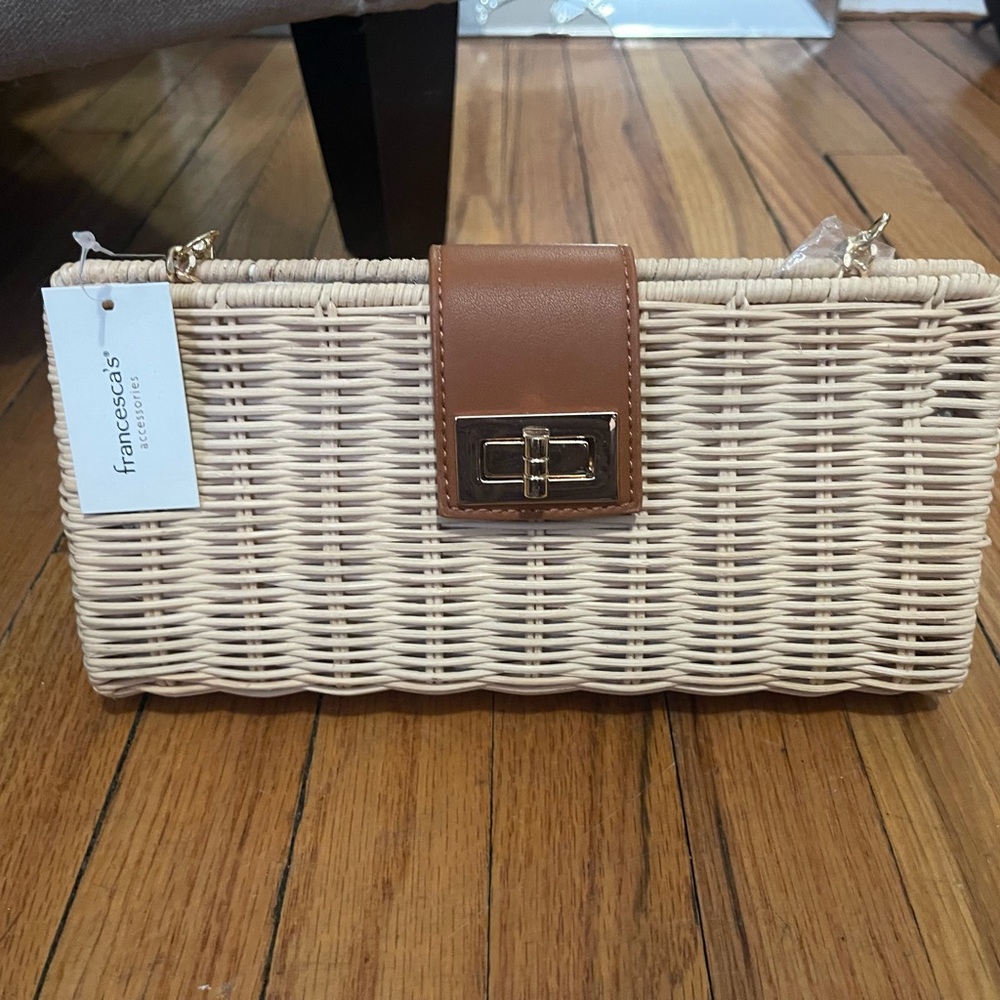 Francesca's Collections Cream and Brown Wicker Clutch